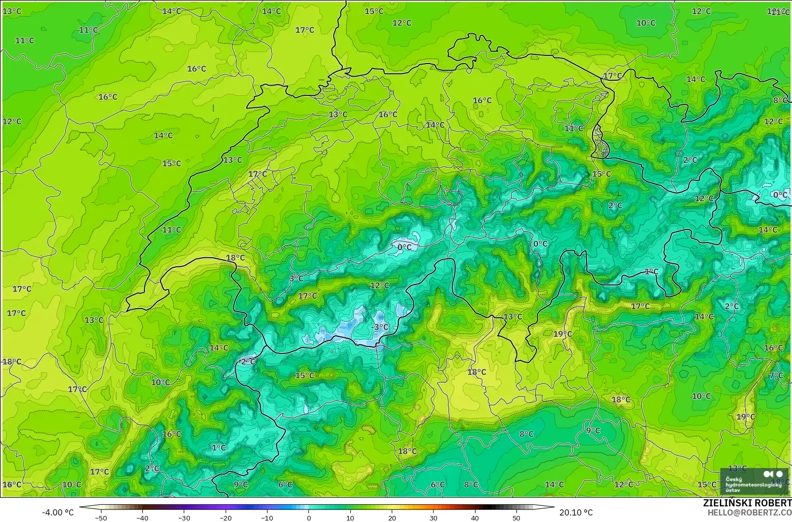 ALADIN CZ 2.3 km modelo - Suiza, Punto de rocío a 2 m