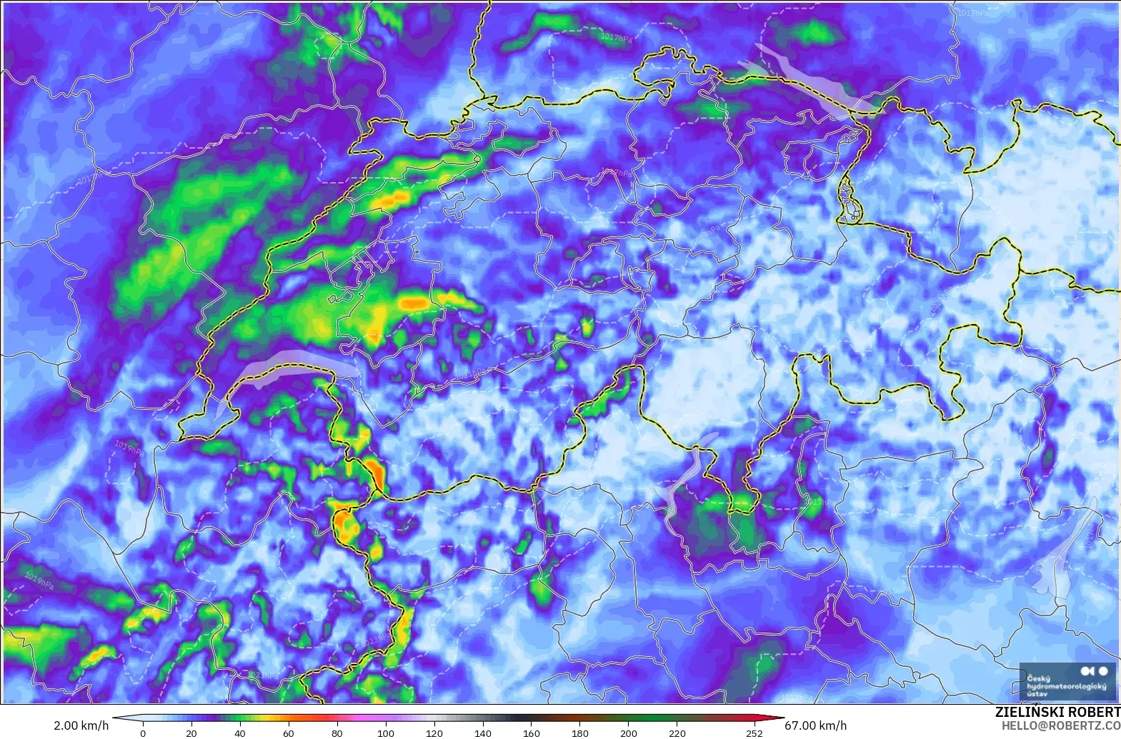 ALADIN CZ 2.3 km modelo - Suiza, Ráfagas de Viento Máximas
