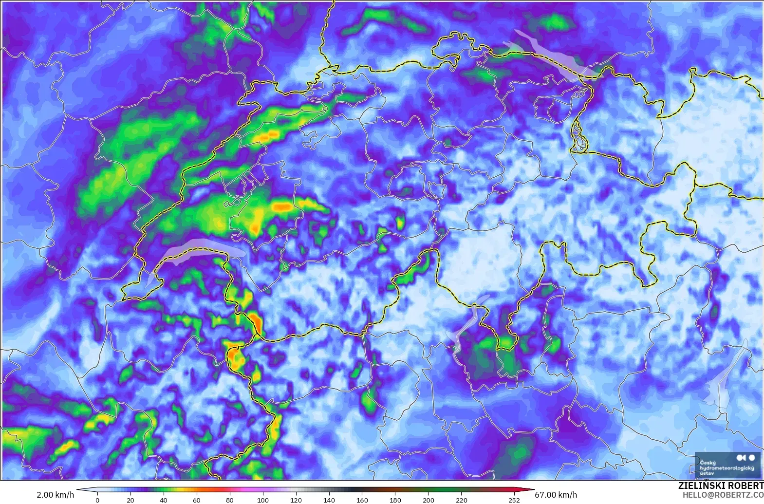 ALADIN CZ 2.3 km modelo - Suiza, Ráfagas de viento