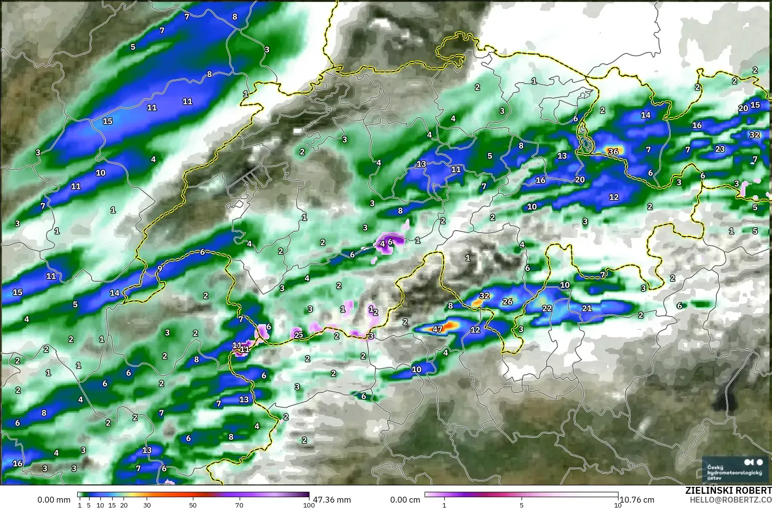ALADIN CZ 2.3 km modelo - Suiza, Precipitación, nubes y presión