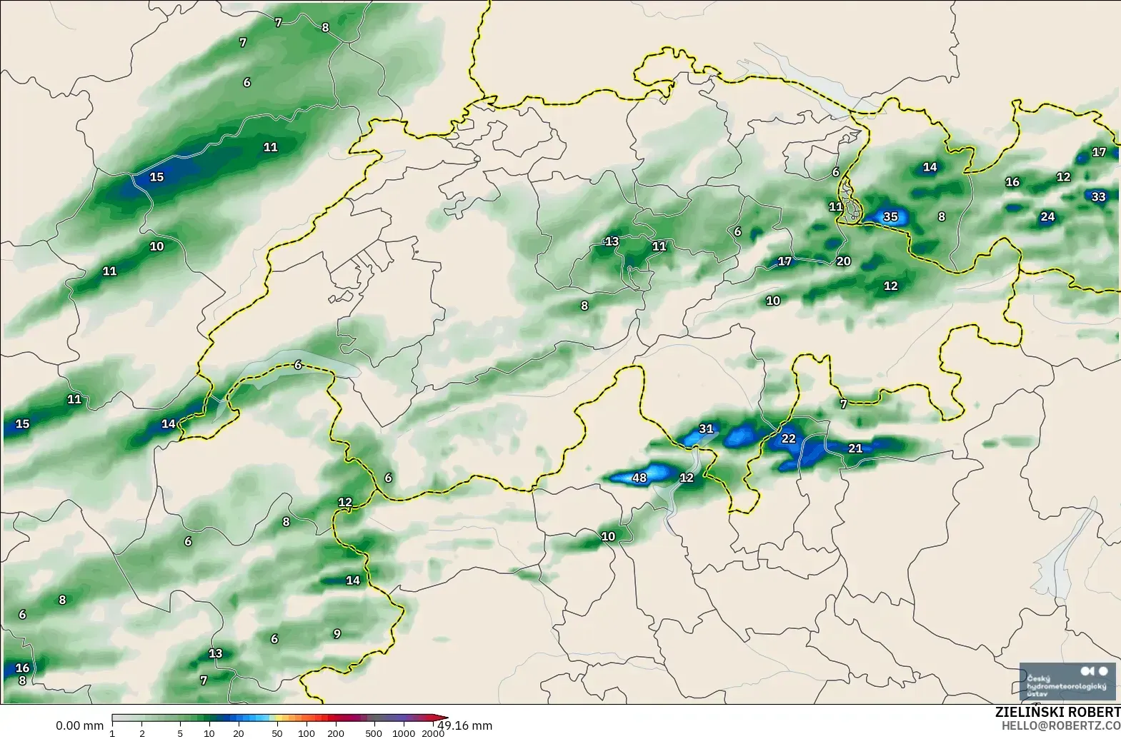 ALADIN CZ 2.3 km modelo - Suiza, Acumulación de precipitación
