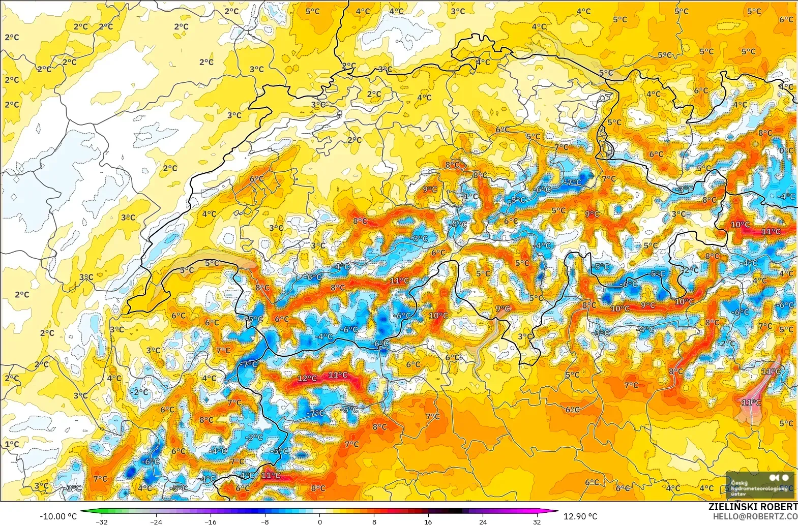 ALADIN CZ 2.3 km modelo - Suiza, Anomalía de temperatura a 2 m