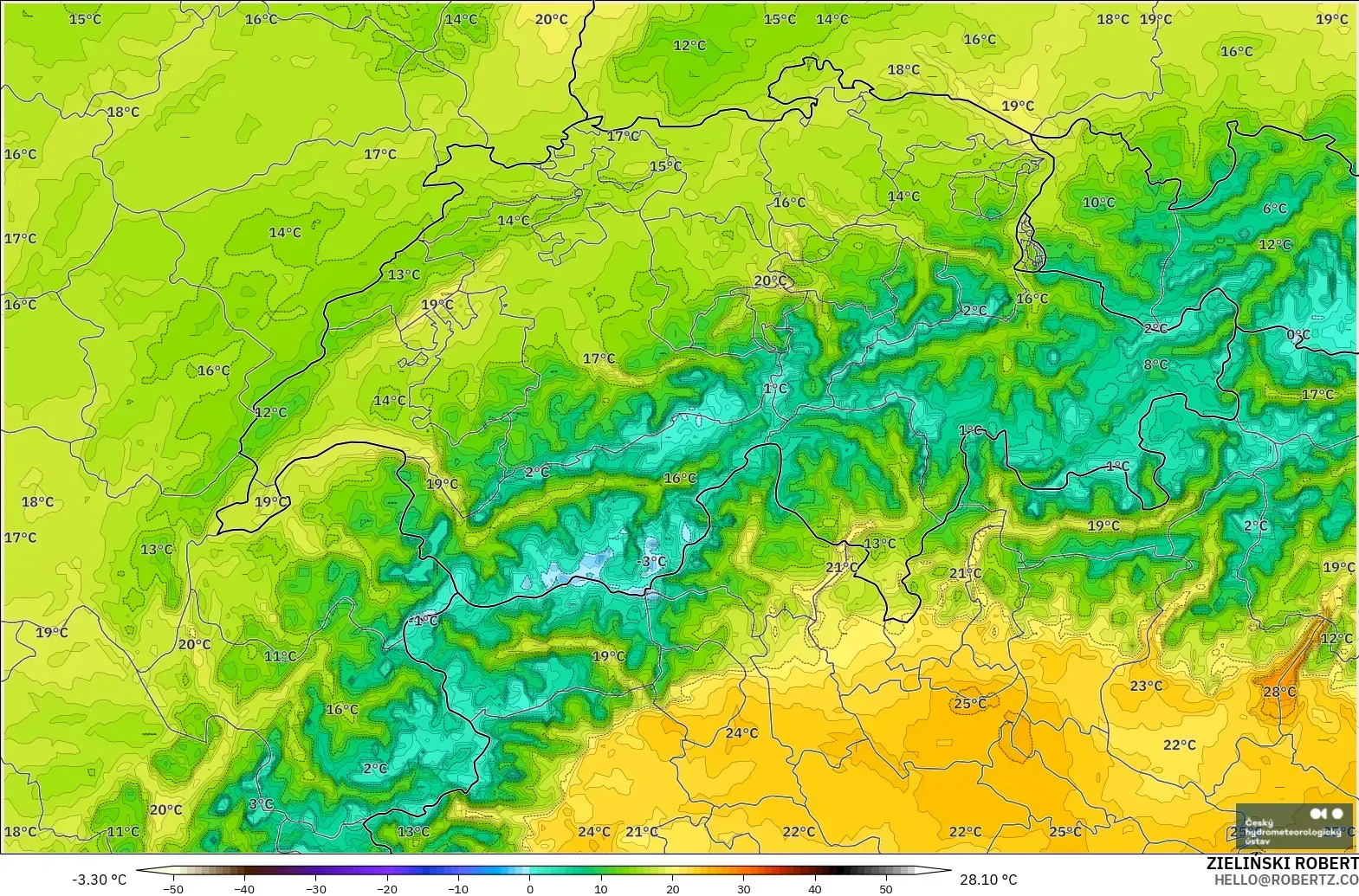 ALADIN CZ 2.3 km modelo - Suiza, Temperatura a 2 m