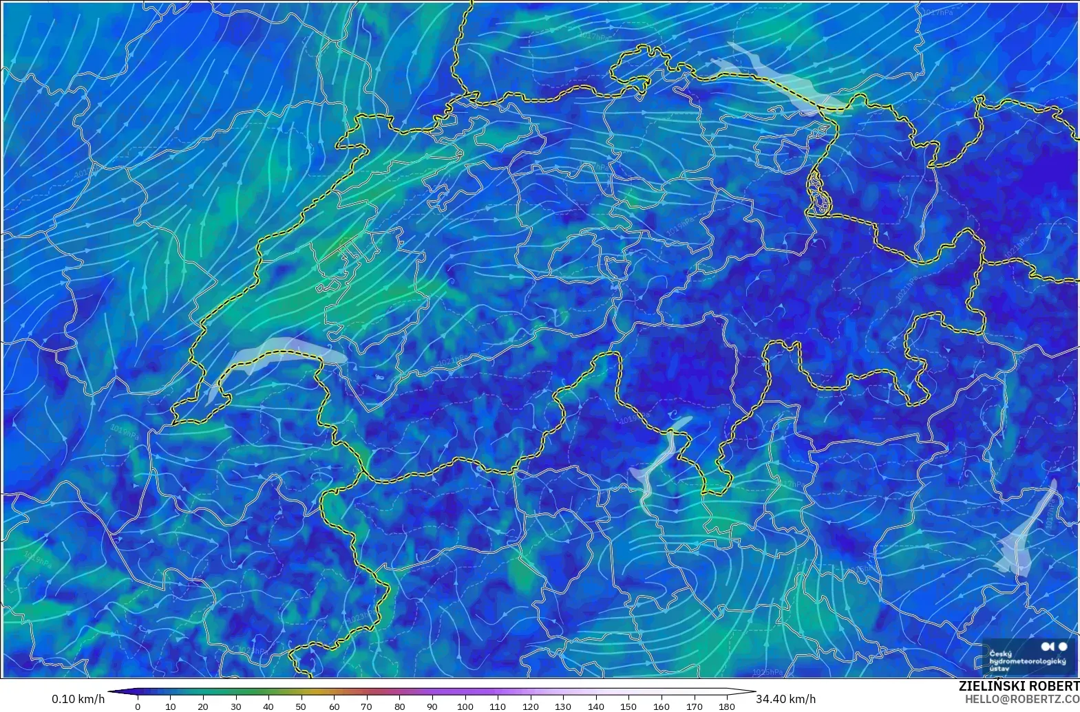 ALADIN CZ 2.3 km modelo - Suiza, Viento a 10 m