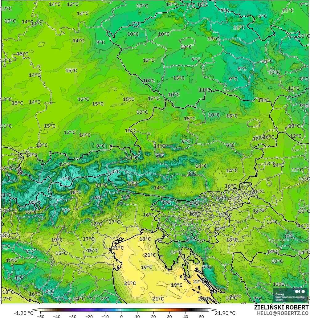 ALADIN CZ 2.3 km modelo - Austria, Punto de rocío a 2 m