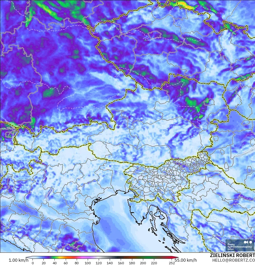 ALADIN CZ 2.3 km modelo - Austria, Ráfagas de Viento Máximas