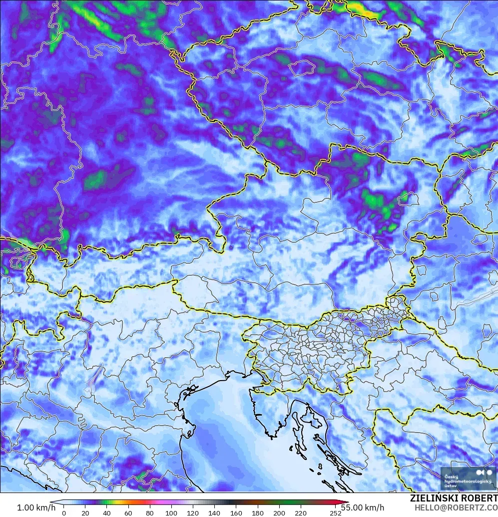 ALADIN CZ 2.3 km modelo - Austria, Ráfagas de viento