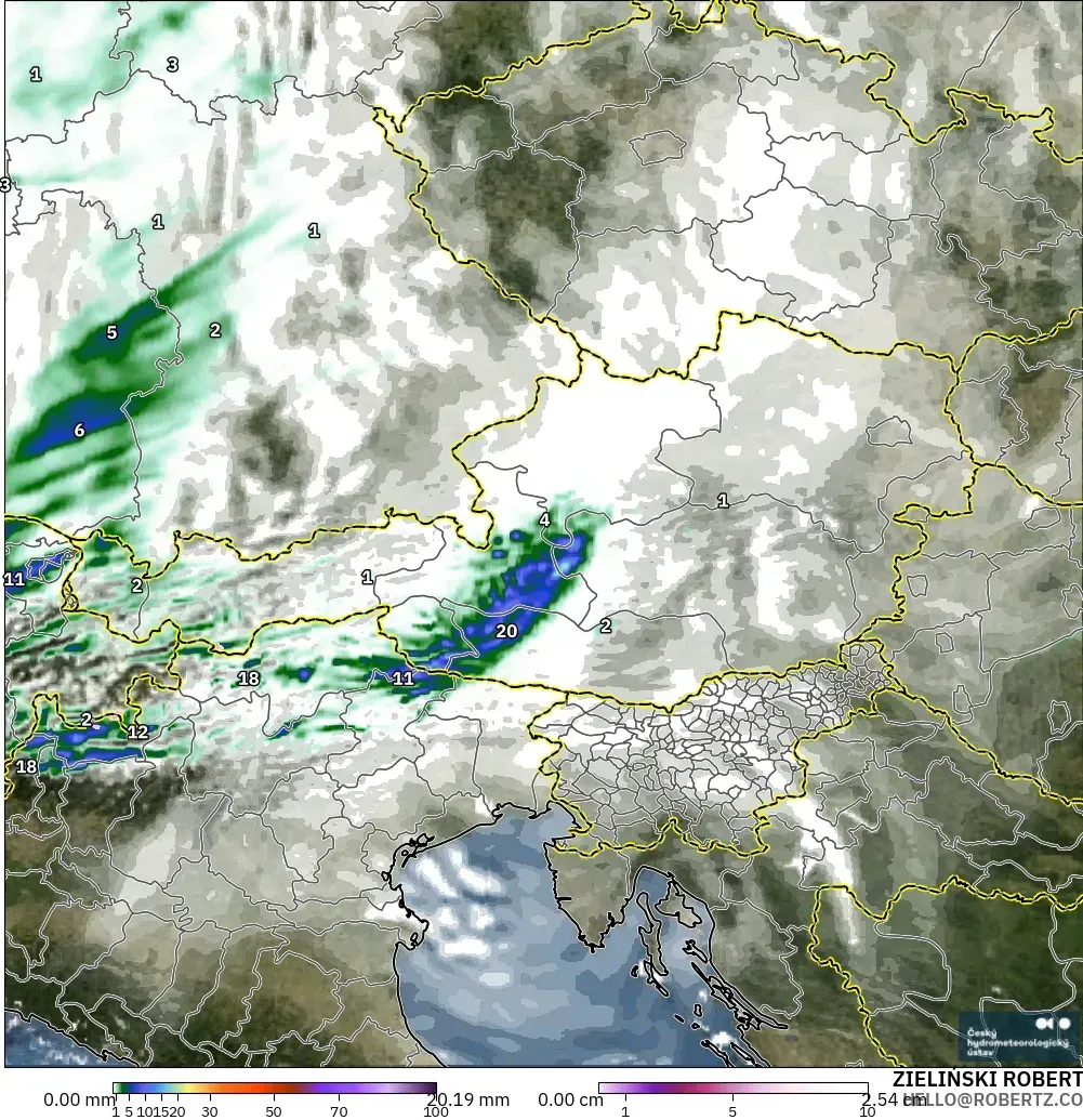 ALADIN CZ 2.3 km modelo - Austria, Precipitación, nubes y presión