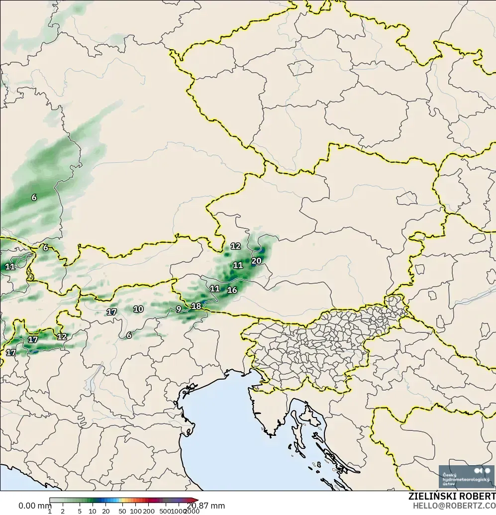 ALADIN CZ 2.3 km modelo - Austria, Acumulación de precipitación