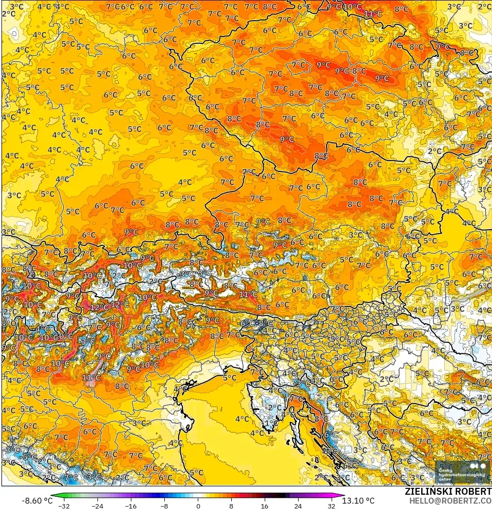 ALADIN CZ 2.3 km modelo - Austria, Anomalía de temperatura a 2 m