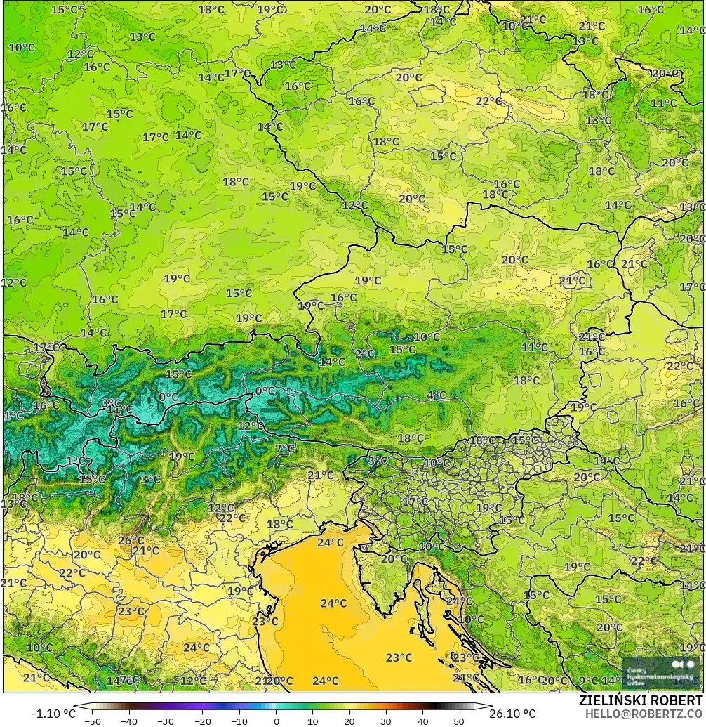 ALADIN CZ 2.3 km modelo - Austria, Temperatura a 2 m