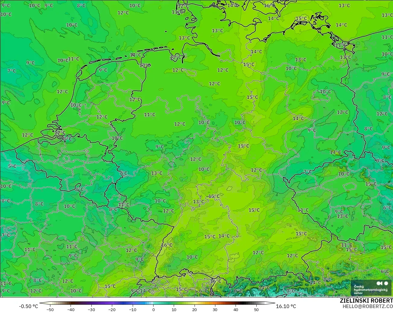ALADIN CZ 2.3 km modelo - Alemania, Punto de rocío a 2 m