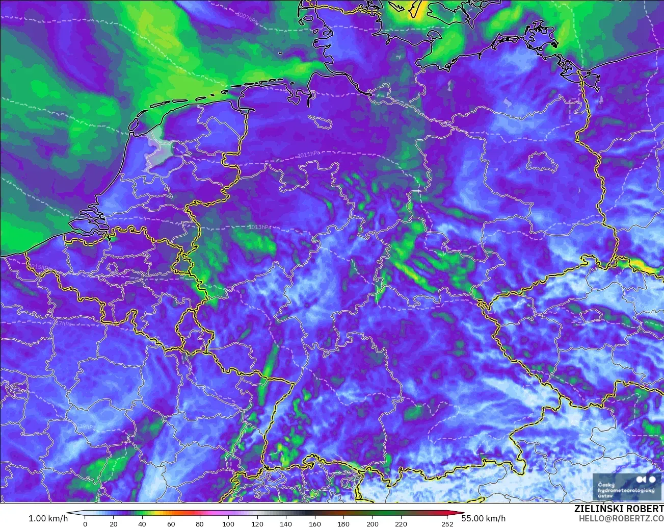 ALADIN CZ 2.3 km modelo - Alemania, Ráfagas de Viento Máximas