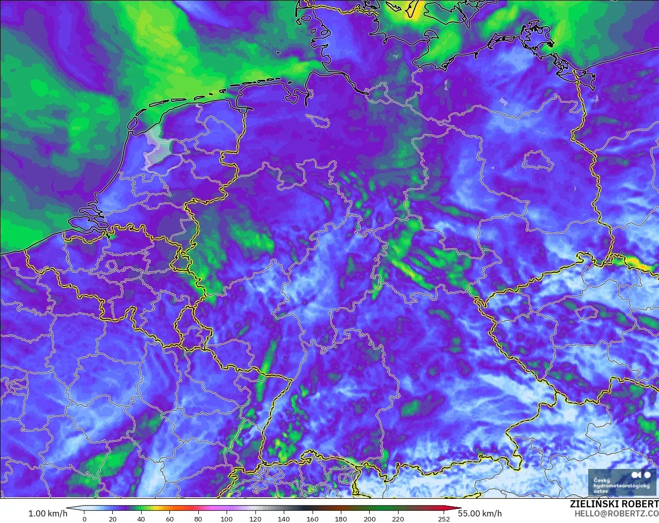 ALADIN CZ 2.3 km modelo - Alemania, Ráfagas de viento