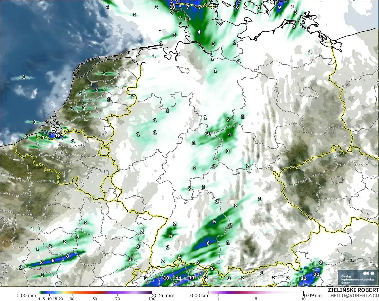 ALADIN CZ 2.3 km modelo - Alemania, Precipitación, nubes y presión