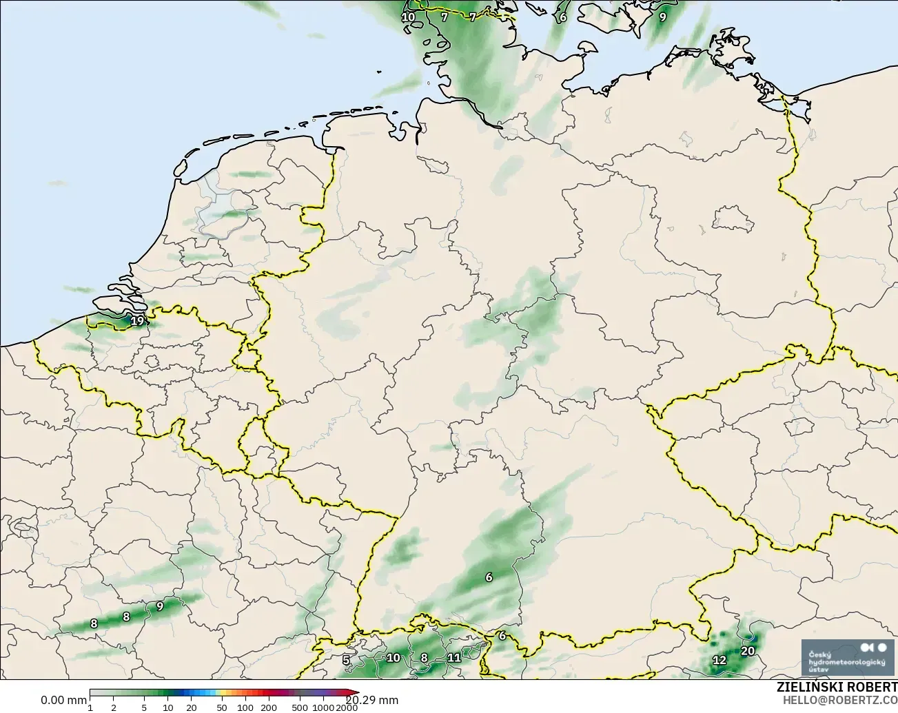 ALADIN CZ 2.3 km modelo - Alemania, Acumulación de precipitación