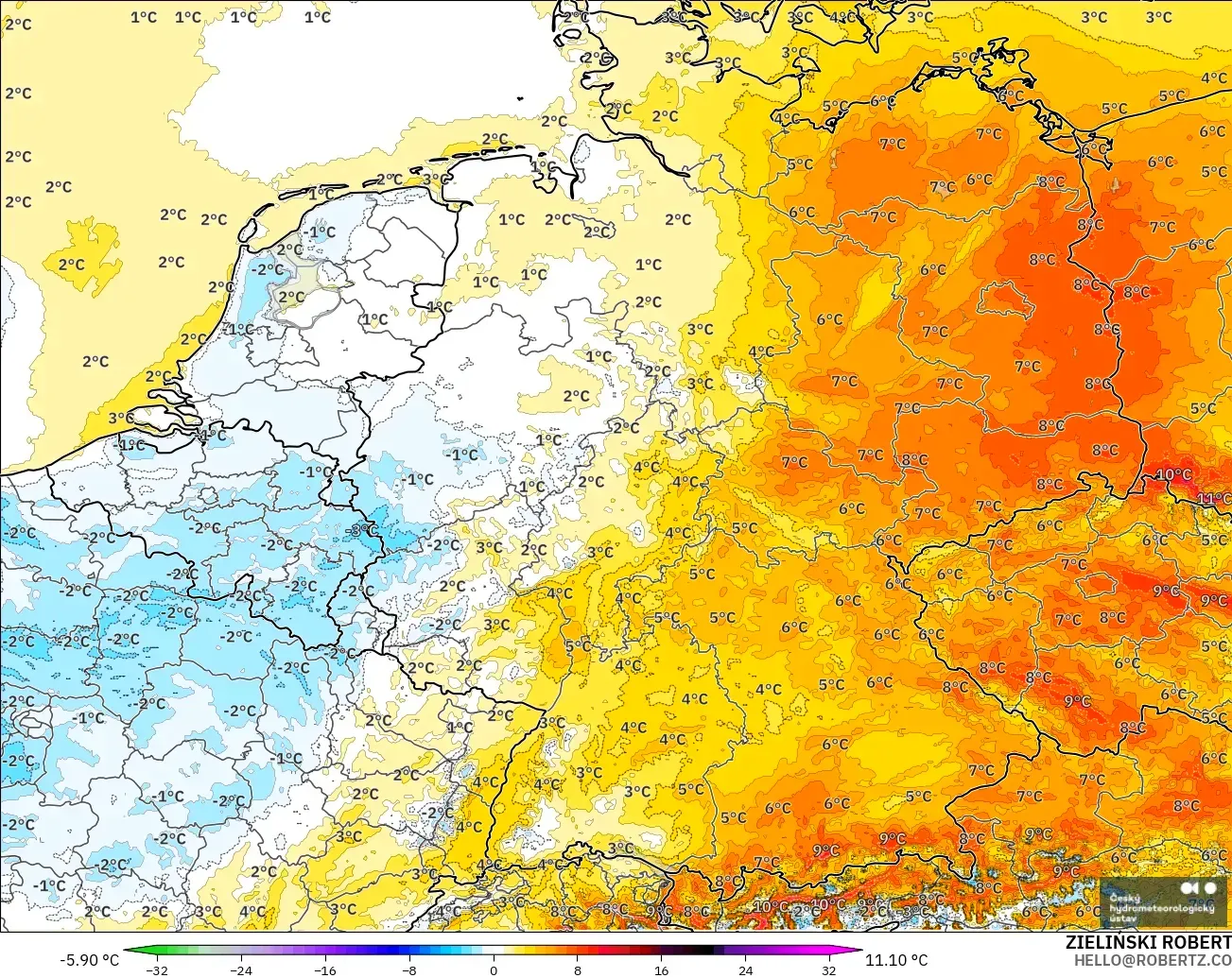 ALADIN CZ 2.3 km modelo - Alemania, Anomalía de temperatura a 2 m