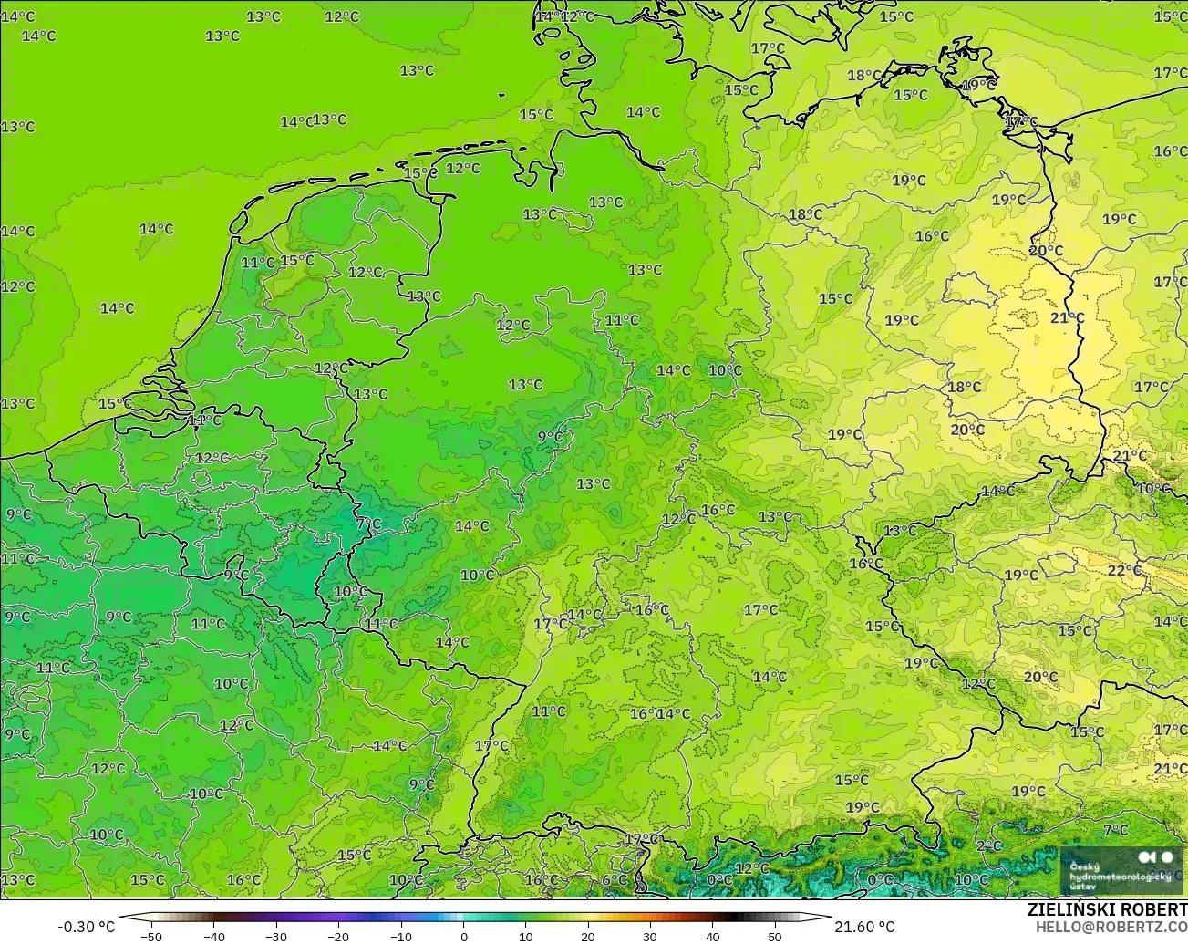 ALADIN CZ 2.3 km modelo - Alemania, Temperatura a 2 m