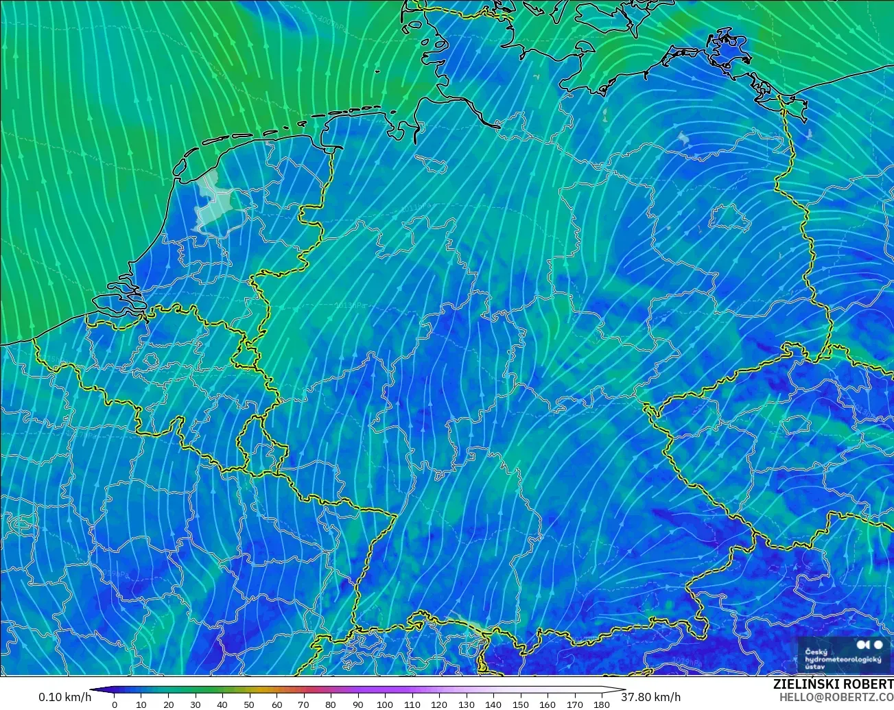 ALADIN CZ 2.3 km modelo - Alemania, Viento a 10 m