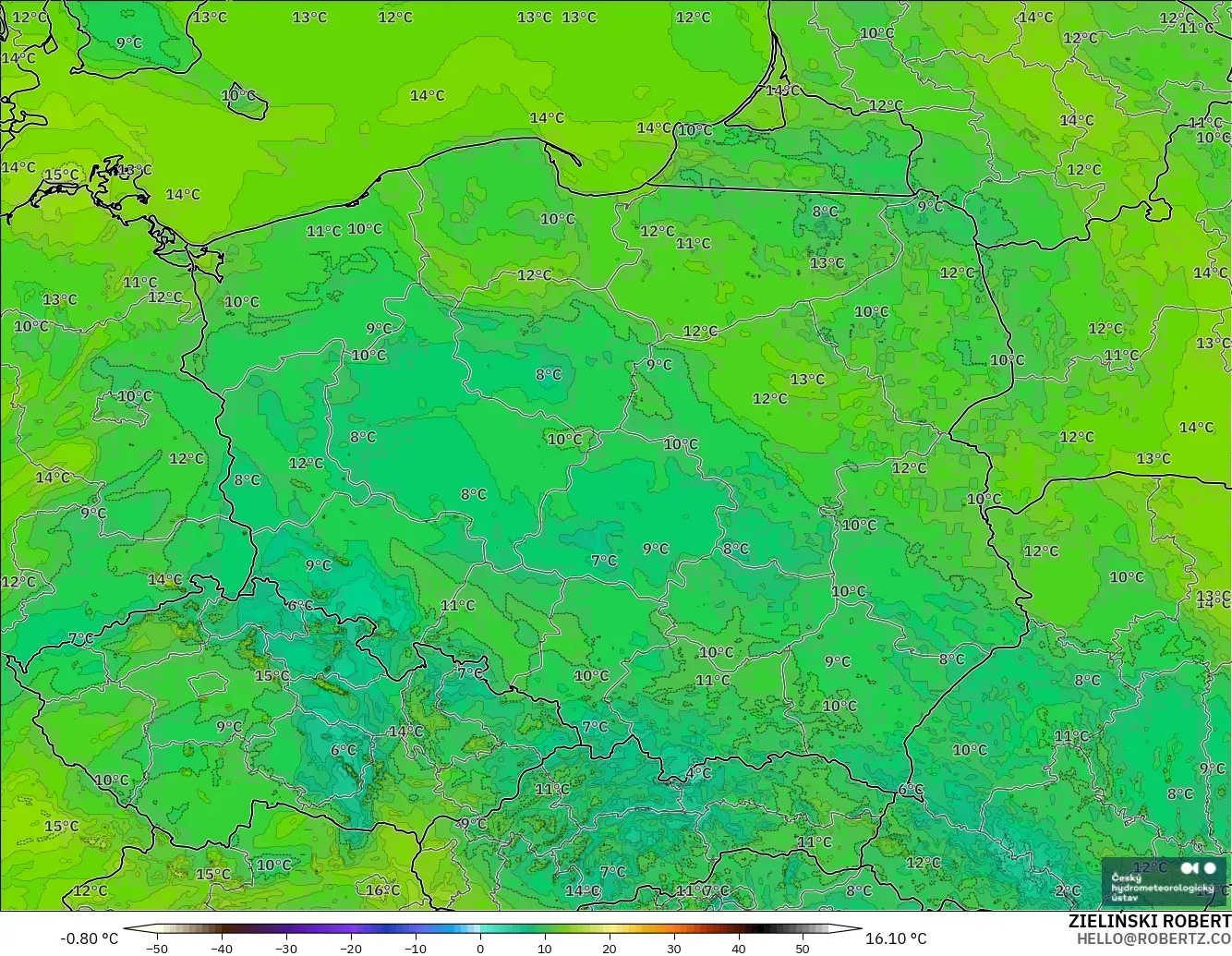 ALADIN CZ 2.3 km modelo - Polonia, Punto de rocío a 2 m