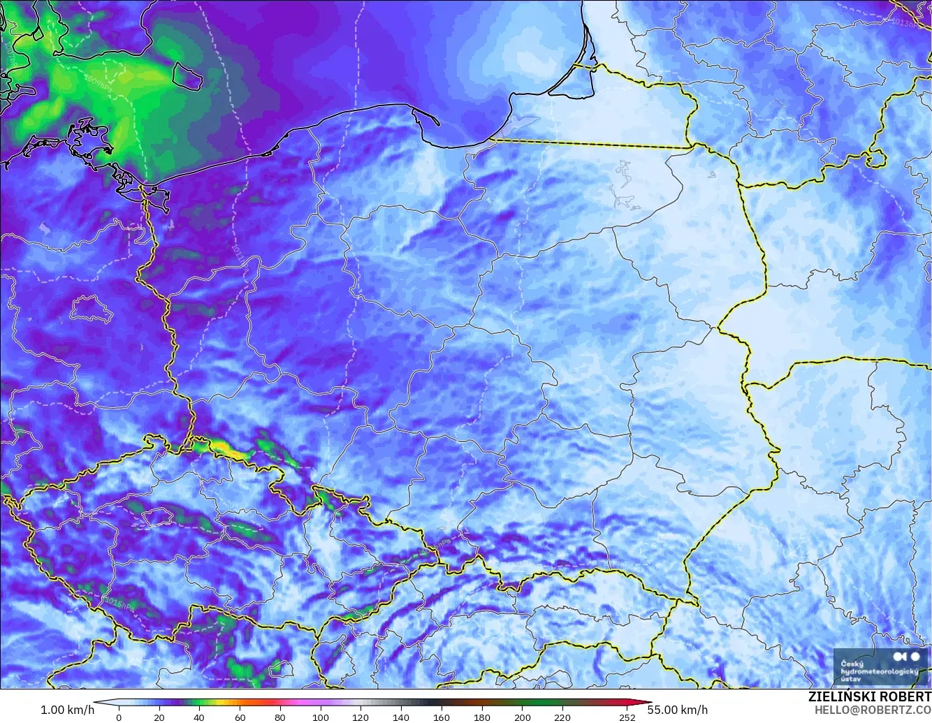 ALADIN CZ 2.3 km modelo - Polonia, Ráfagas de Viento Máximas