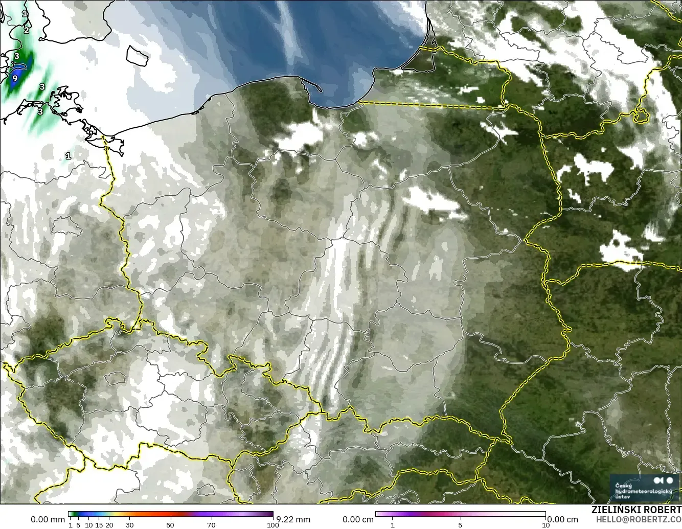 ALADIN CZ 2.3 km modelo - Polonia, Precipitación, nubes y presión