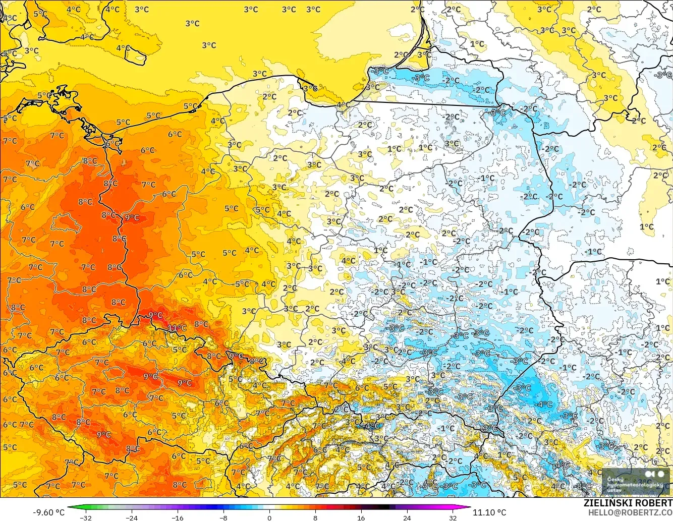 ALADIN CZ 2.3 km modelo - Polonia, Anomalía de temperatura a 2 m