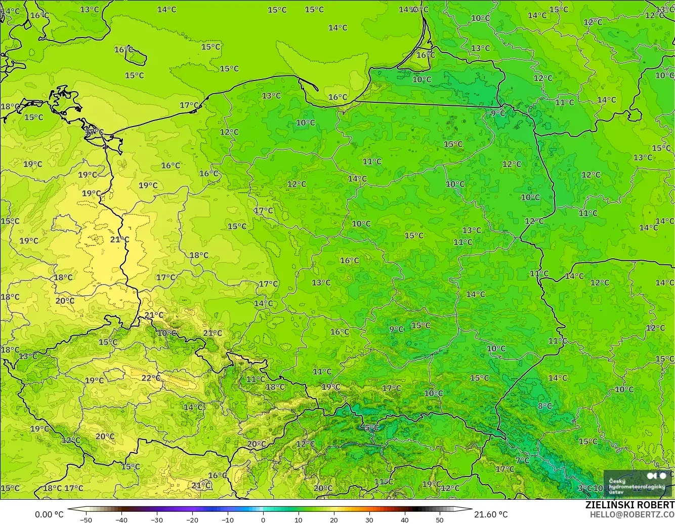 ALADIN CZ 2.3 km modelo - Polonia, Temperatura a 2 m