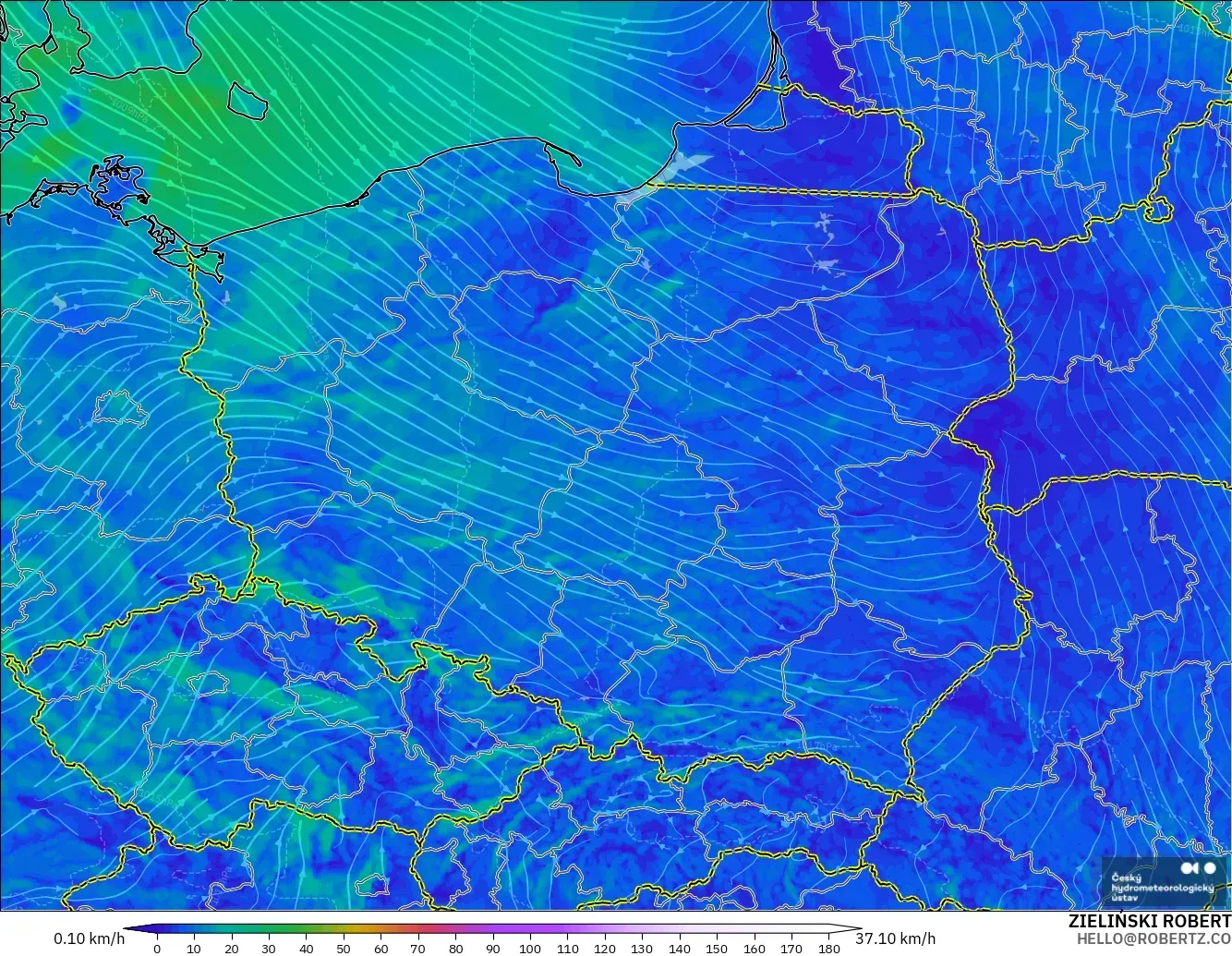 ALADIN CZ 2.3 km modelo - Polonia, Viento a 10 m