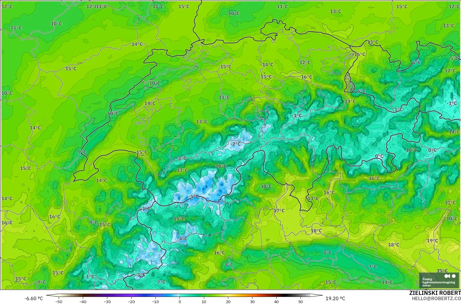 ALADIN CZ 2.3 km modelo - Suiza, Punto de rocío a 2 m