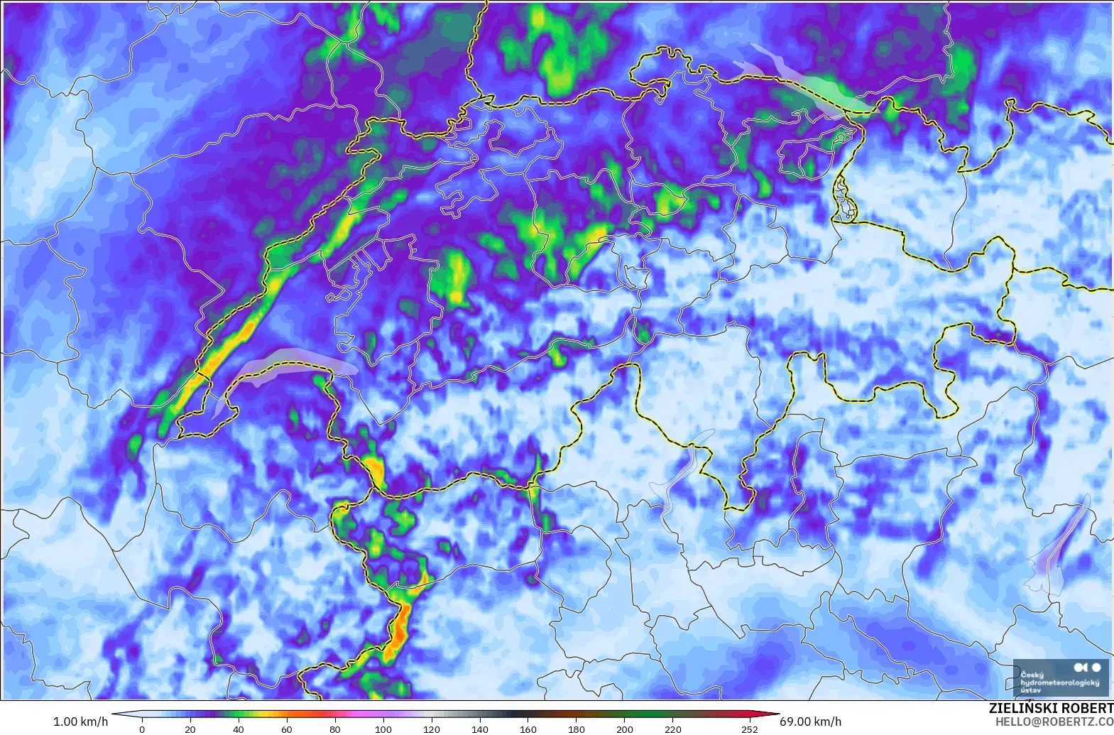 ALADIN CZ 2.3 km modelo - Suiza, Ráfagas de viento