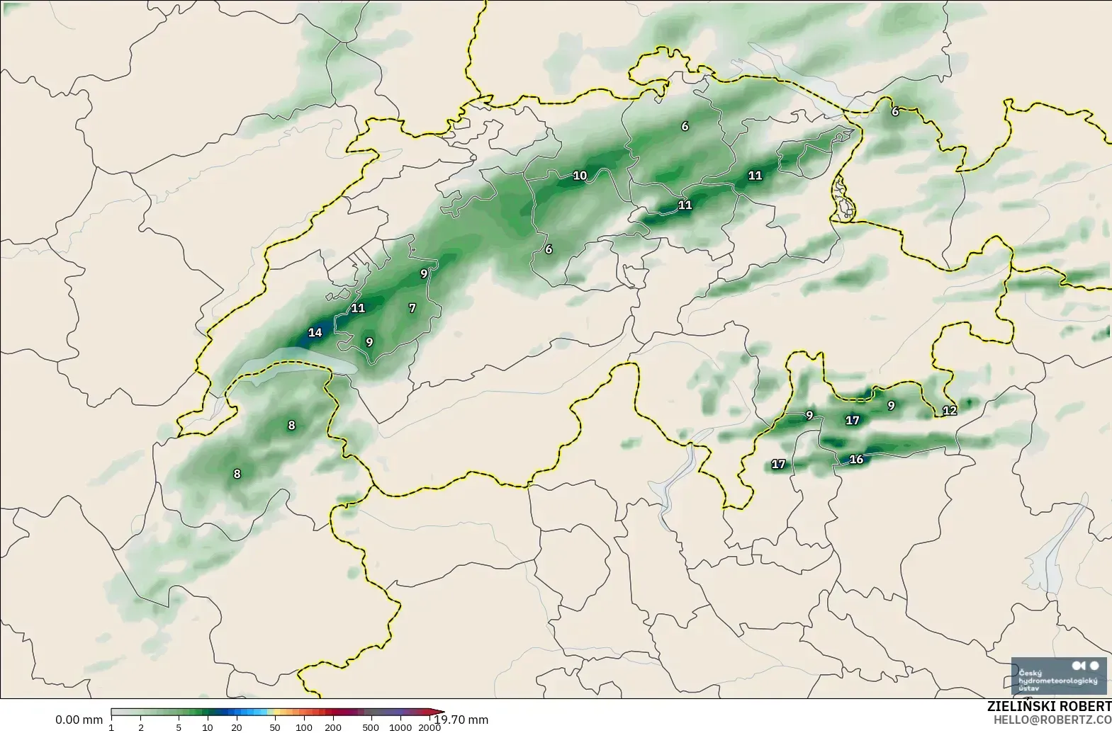 ALADIN CZ 2.3 km modelo - Suiza, Acumulación de precipitación