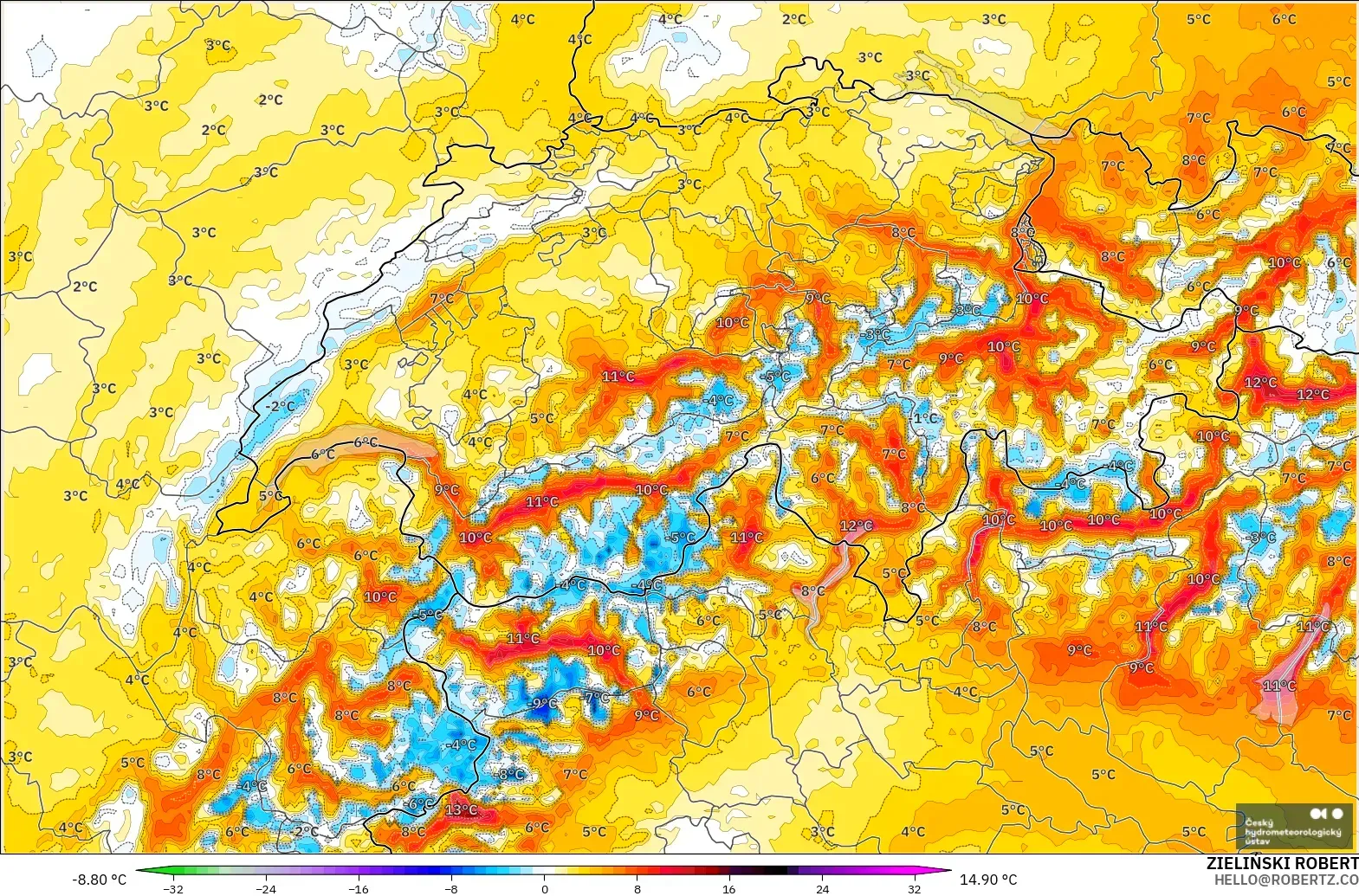 ALADIN CZ 2.3 km modelo - Suiza, Anomalía de temperatura a 2 m