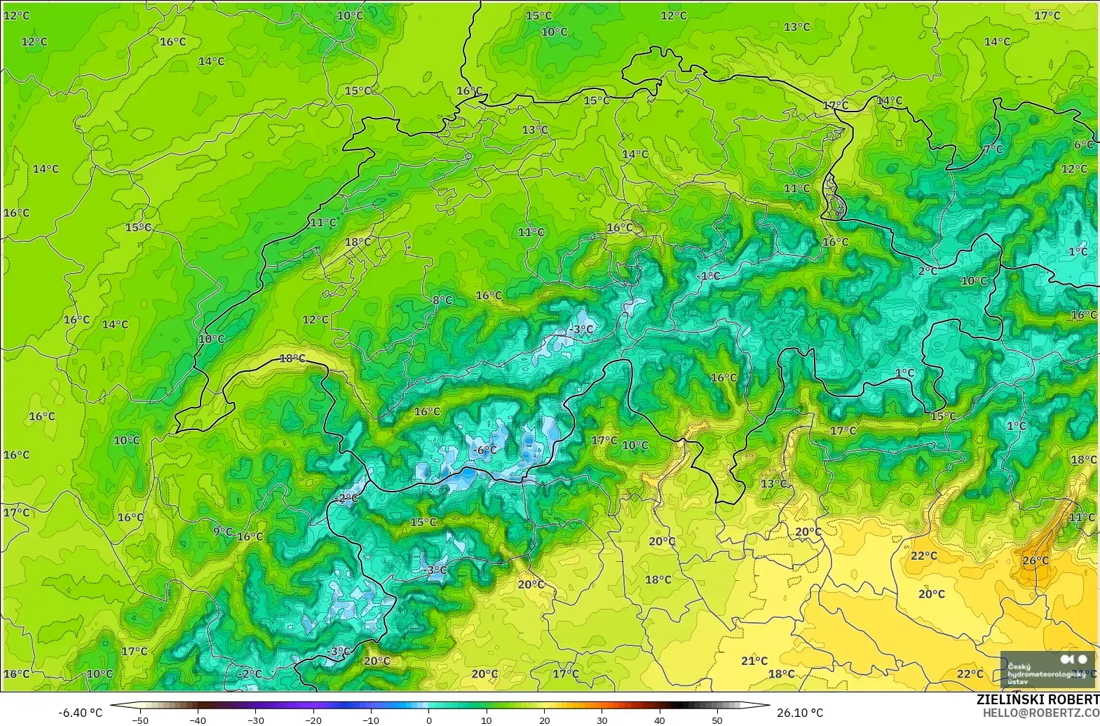 ALADIN CZ 2.3 km modelo - Suiza, Temperatura a 2 m