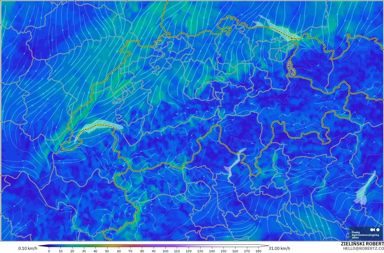 ALADIN CZ 2.3 km modelo - Suiza, Viento a 10 m