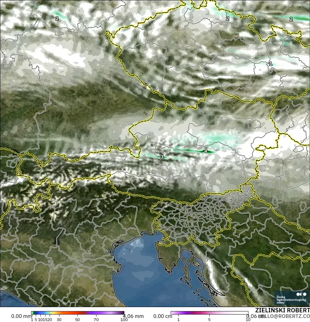 ALADIN CZ 2.3 km modelo - Austria, Precipitación, nubes y presión