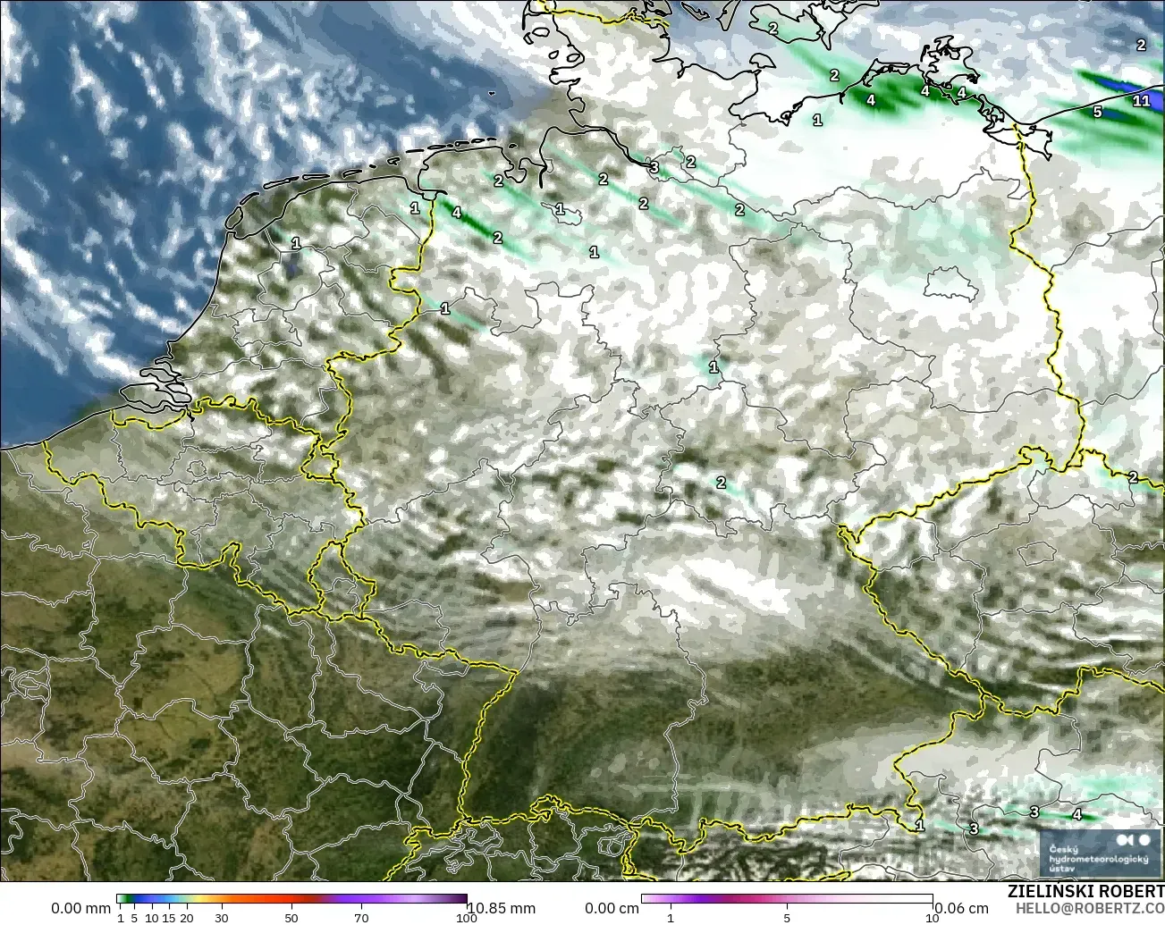ALADIN CZ 2.3 km modelo - Alemania, Precipitación, nubes y presión