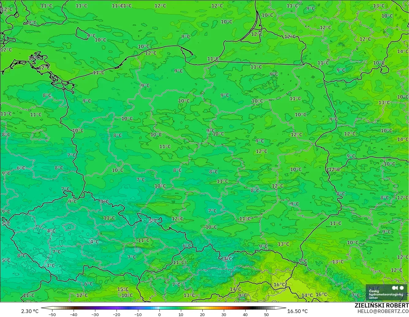 ALADIN CZ 2.3 km modelo - Polonia, Punto de rocío a 2 m