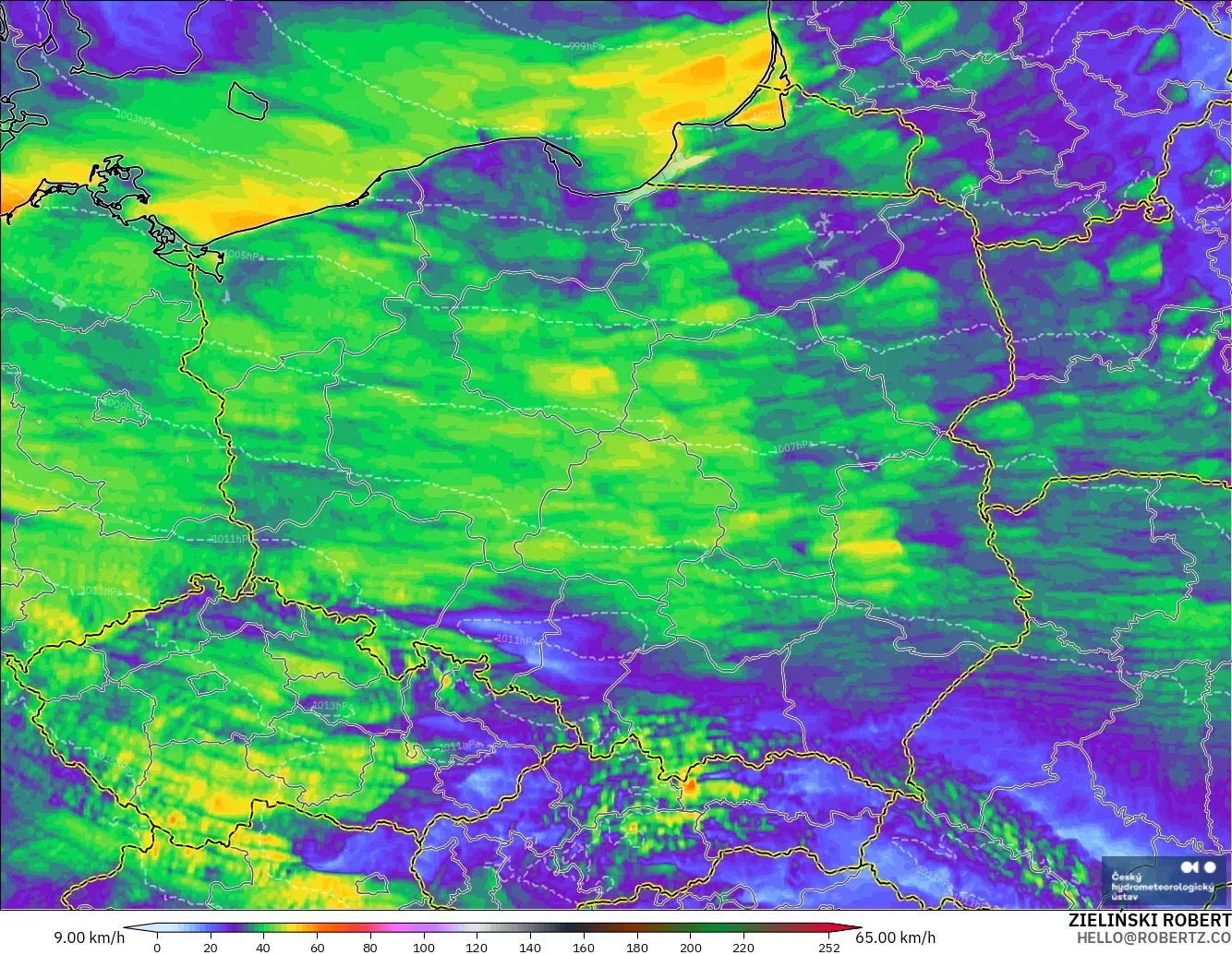 ALADIN CZ 2.3 km modelo - Polonia, Ráfagas de Viento Máximas
