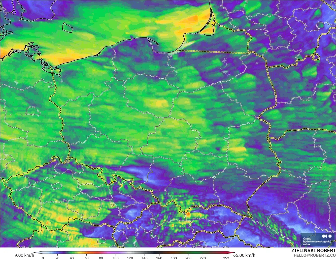 ALADIN CZ 2.3 km modelo - Polonia, Ráfagas de viento