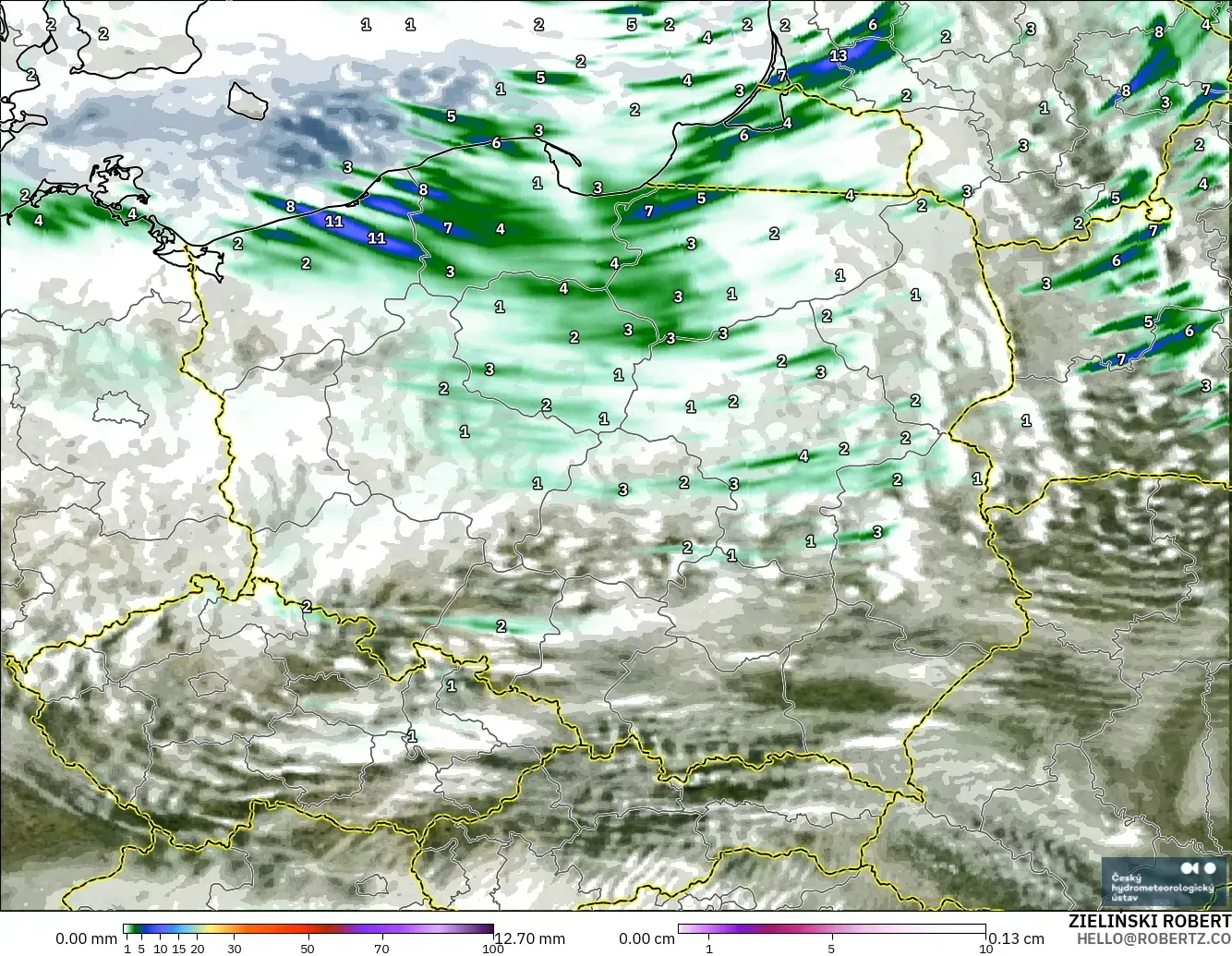 ALADIN CZ 2.3 km modelo - Polonia, Precipitación, nubes y presión