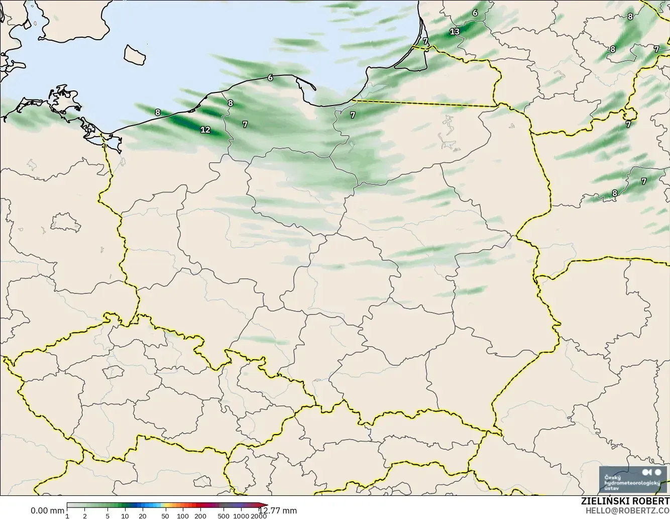 ALADIN CZ 2.3 km modelo - Polonia, Acumulación de precipitación
