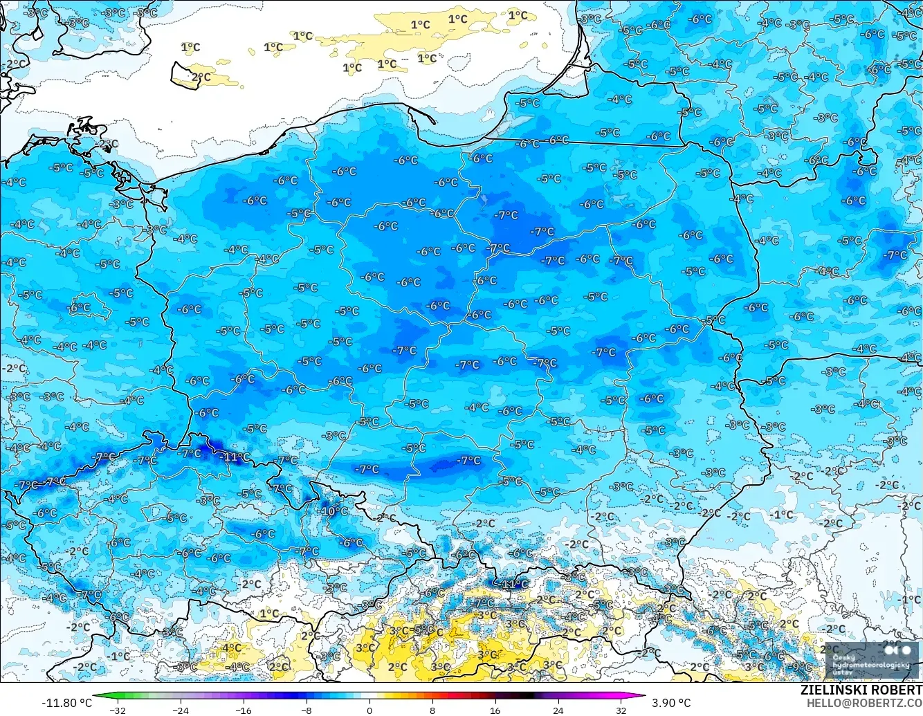 ALADIN CZ 2.3 km modelo - Polonia, Anomalía de temperatura a 2 m
