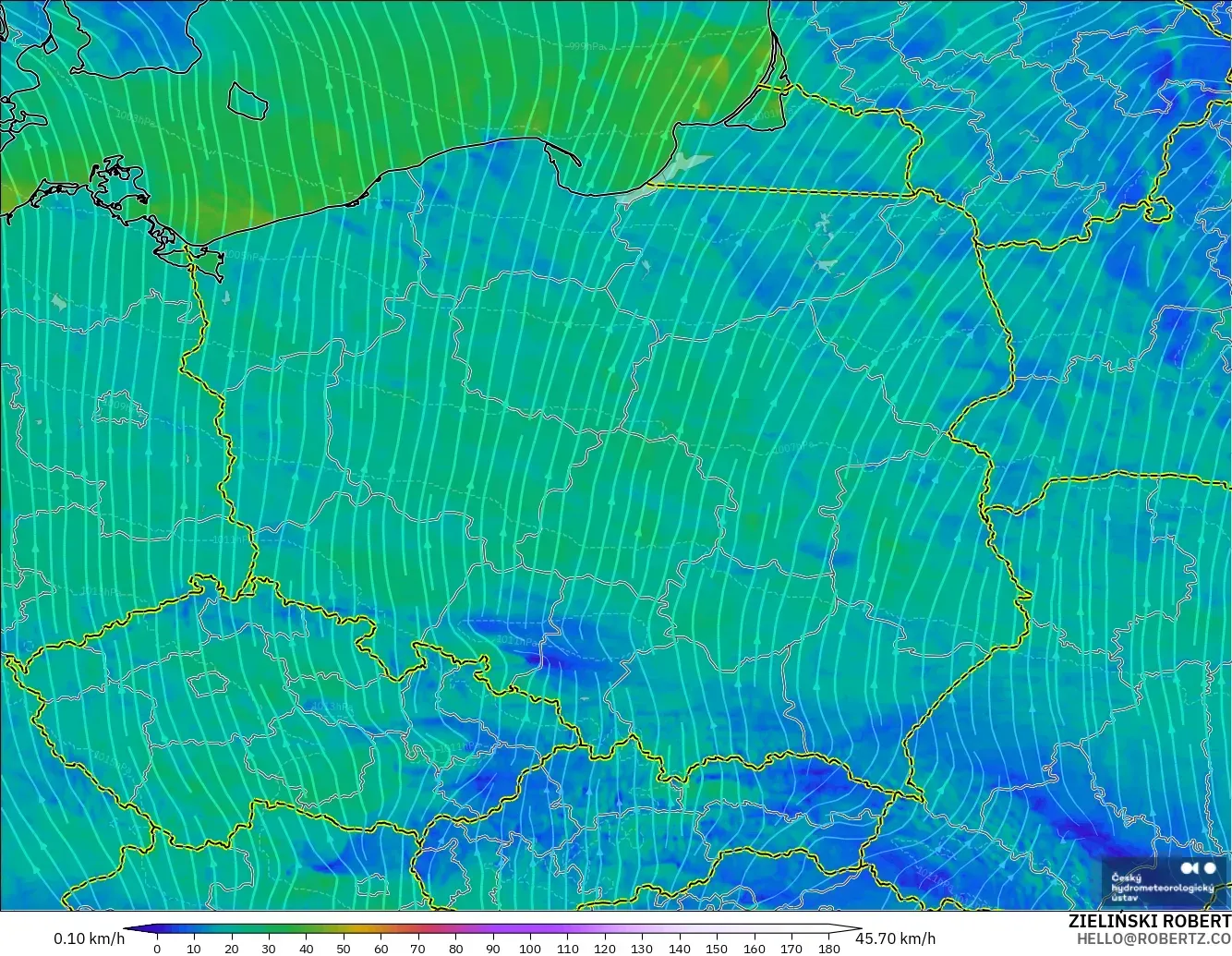 ALADIN CZ 2.3 km modelo - Polonia, Viento a 10 m