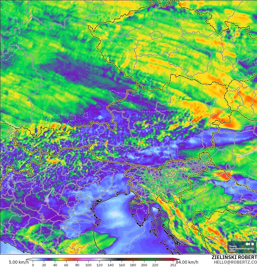 ALADIN CZ 2.3 km modelo - Austria, Ráfagas de Viento Máximas