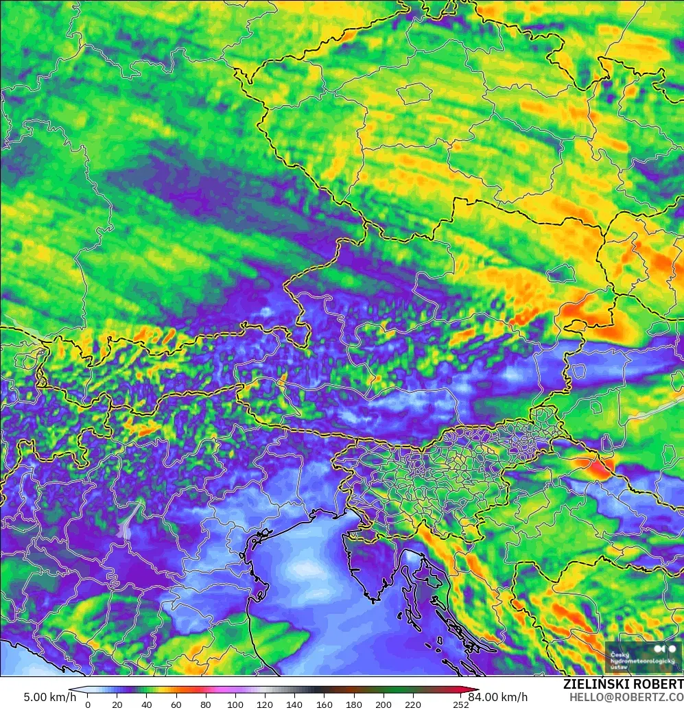 ALADIN CZ 2.3 km modelo - Austria, Ráfagas de viento