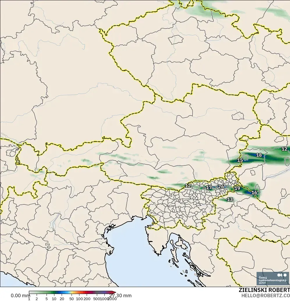 ALADIN CZ 2.3 km modelo - Austria, Acumulación de precipitación