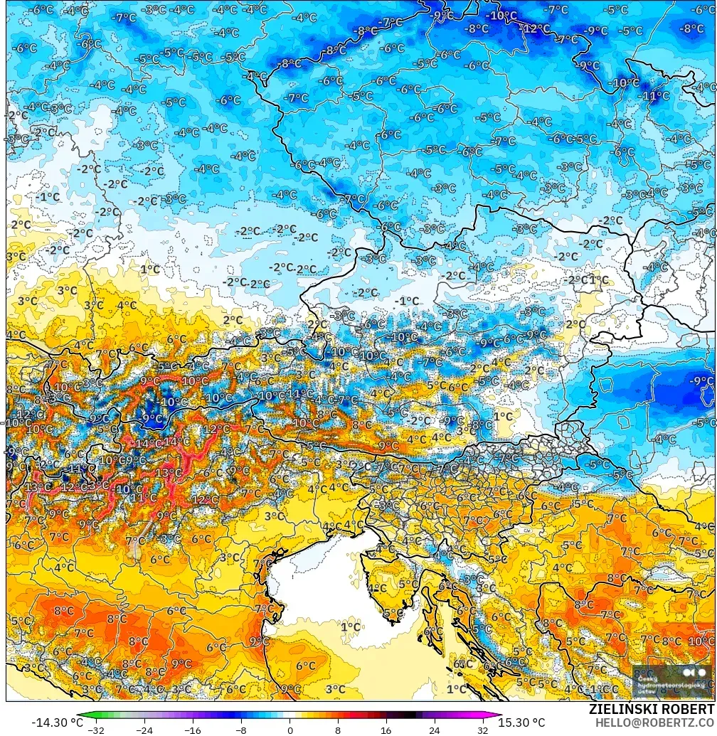 ALADIN CZ 2.3 km modelo - Austria, Anomalía de temperatura a 2 m