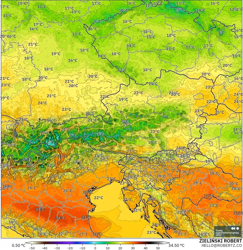 ALADIN CZ 2.3 km modelo - Austria, Temperatura a 2 m