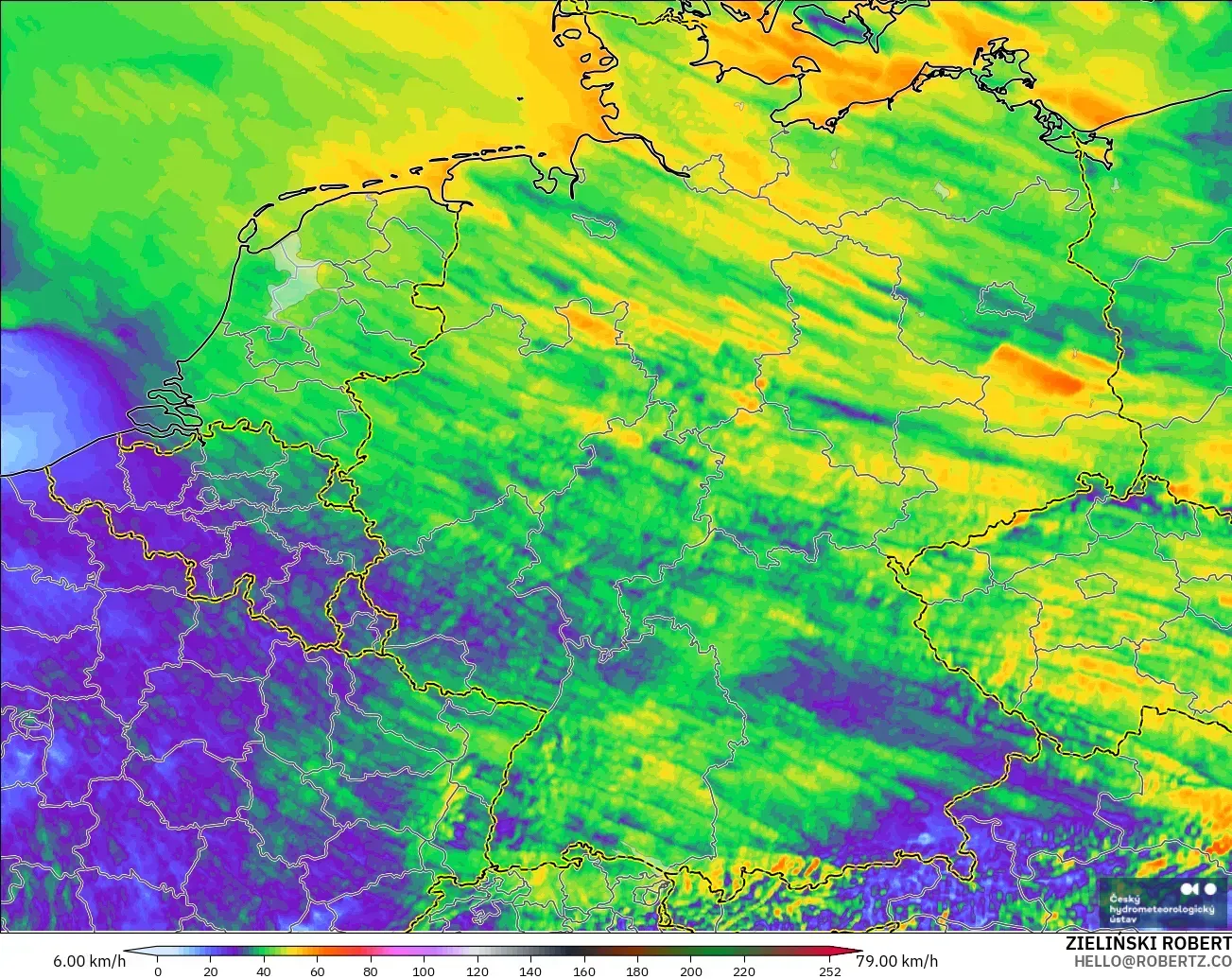 ALADIN CZ 2.3 km modelo - Alemania, Ráfagas de viento